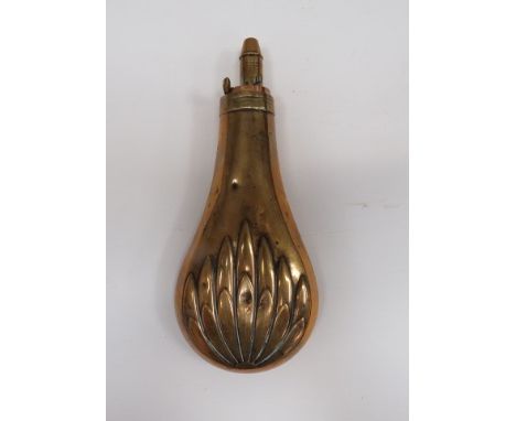 Large Brass Powder Flask7 1/4 inch, brass bag shape body with embossed double leaf design. Adjustable brass nozzle.  External