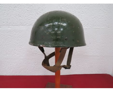 WW2 Pattern Airborne Forces Steel Helmetgreen painted crown.  Black rubber and leather sweatband stamped with maker “BMB” and