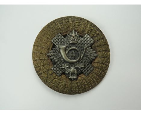 Post 1902 Highland Light Infantry Plaid Broochbrass thistle circlet with scroll battle honours.  Central KC white metal HLI b