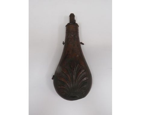 Large AM Flask and Cap Co Made Copper and Brass Powder Flask8 1/ 2 inch, copper, bag shape body with embossed shell and flora