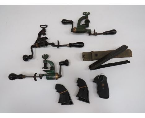 Three Various 12 Bore Cartridge Crimp Toolstable mounted, brass and steel crimping tools.  All with turned wooden operating h