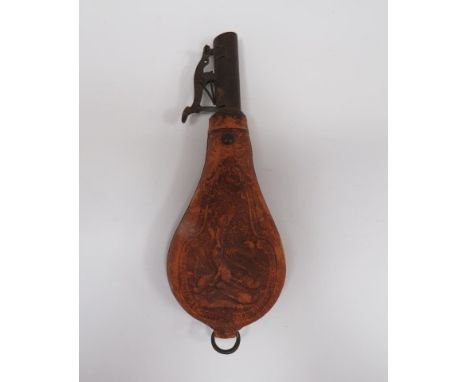 19th Century Leather Shot Flaskleather bag shape body embossed with hanging game design.  Steel nozzle with adjustable side l