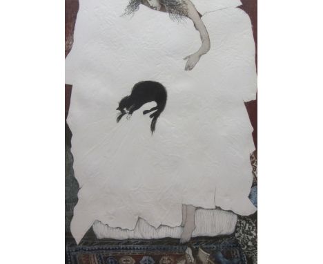Brenda Martin (British Contemporary): 'Girl with a Cat', limited edition lithograph on textured paper signed titled numbered 