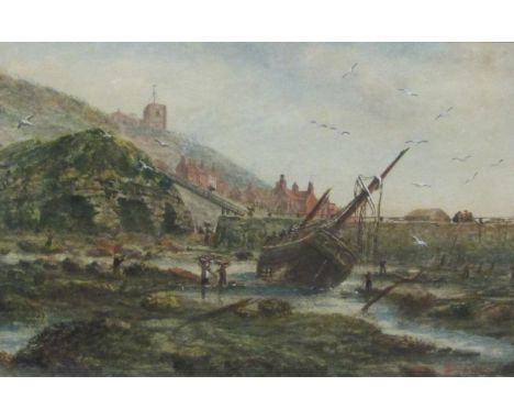 John Speedy (British Late 19th Century): Shipwreck near the "Spa Ladder", watercolour signed 14cm x 22cm