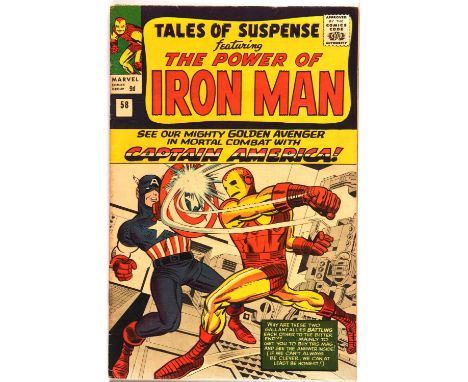 Tales of Suspense No. 58 featuring classic battle of Iron Man vs Captain America (Marvel Comics, 1964).Classic Jack Kirby cov