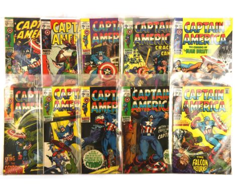 Captain America: a group of 10 early Silver-age issues featuring classic covers and notable issues (Marvel Comics, 1966/70).F