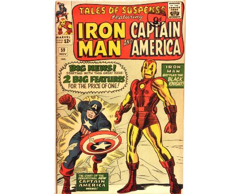 Tales of Suspense No. 59 featuring first solo silver-Age Captain America story (Marvel Comics, 1964).Classic Jack Kirby cover