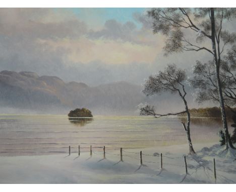 An oil painting on board, T R Sanderson, Lakes landscape in snow, signed, 16in x 23.5in