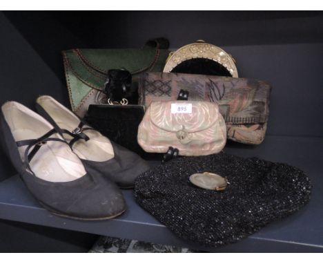 A pair of 1930's heeled shoes, and six beautiful handbags, some having extensive beadwork, others tapestry, leather and velve