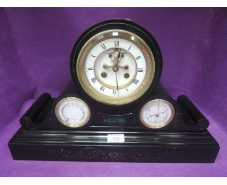 A 19th century black slate mantel clock of scroll design with brass and malachite decoration with subsidiary thermometer and 
