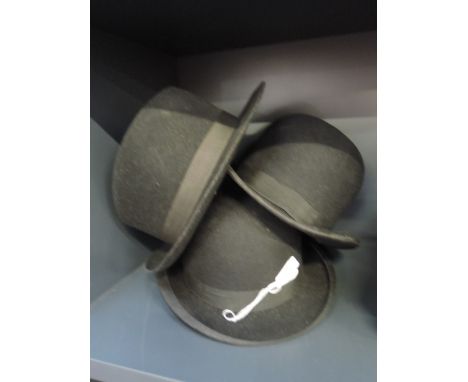 Two vintage bowler hats, approx 1920's/30's. The first one measuring 22' internally, the second 21'. Also included is a gents