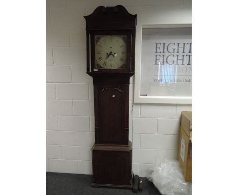 A late 18th century oak longcase clock having demi swan neck and reeded pillar hood containing square painted dial and 8 day 