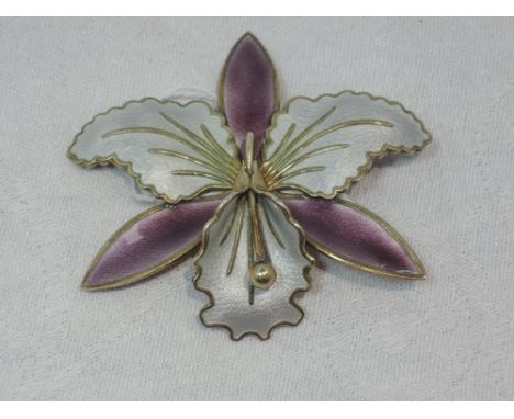 A Norwegian silver and enamel brooch modelled as an orchid flower in shades of white and lilac70mm X 65mm