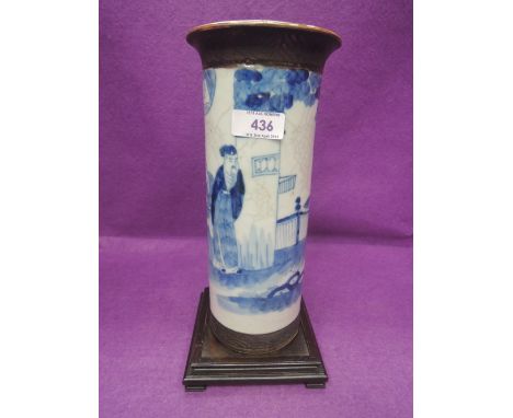 A Chinese blue and white vase of cylindrical early 20th century design, having pictorial decoration and seal mark