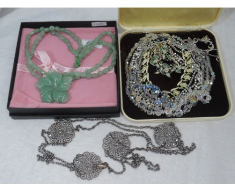 A small selection of vintage costume jewellery necklaces including enamelled, diamante and crystal, a jade style necklace by 