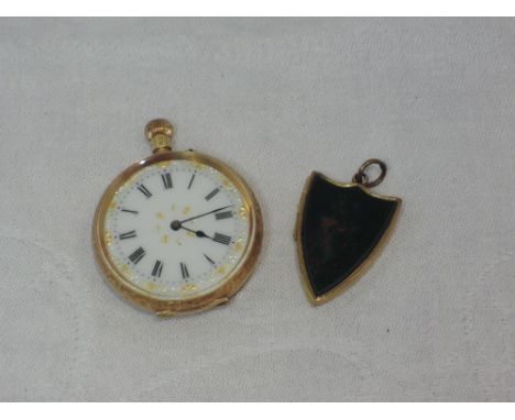 A Swiss 14ct gold top wound pocket watch having a Roman numeral dial to white enamel face with gilt decoration in an extensiv