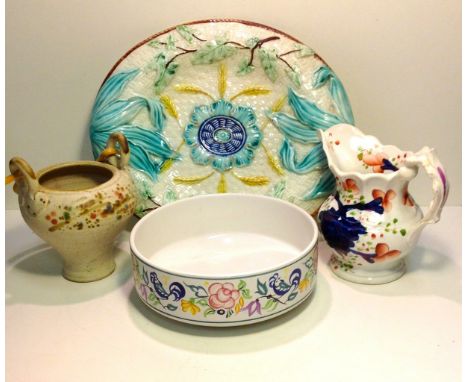 Poole pottery fruit bowl, Majolica charger, jug & cane handled jardiniere. 