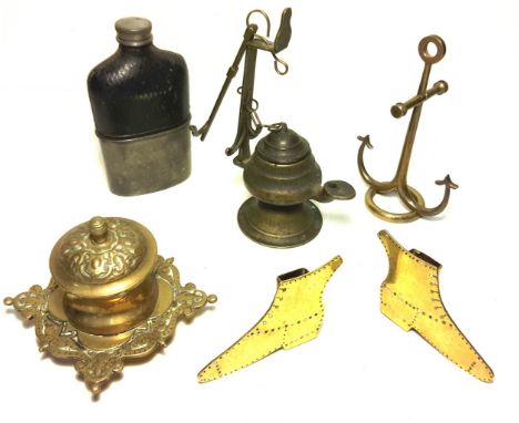 Selection of metalware, including hip flask, oil lamp, inkwell etc.