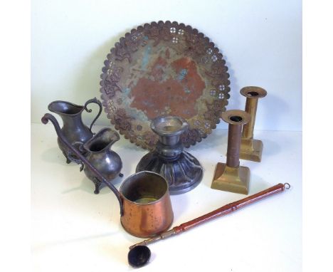 Assorted metalware, including brass candlesticks, candle snuffer, copper cider ladle, jugs etc. 