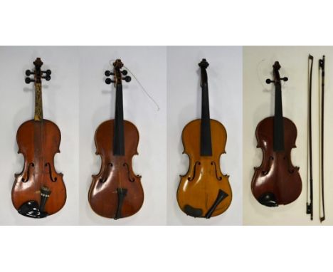 Viola 14'' two piece back, no label, cased with two bows; 14 1/4'' one piece back, ebony fingerboard with label 'Nachahmung v