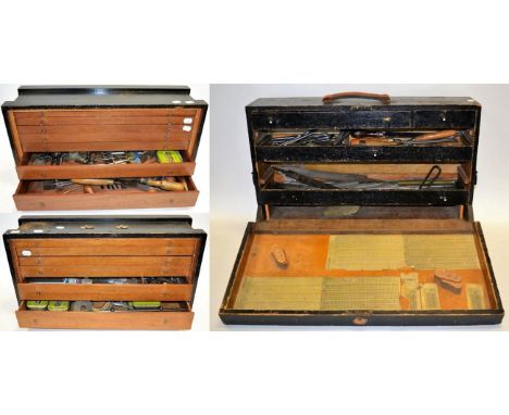 Various Tools including numerous chisels and gouges, files, dividers, drill bits, and assorted others (in three wooden chests