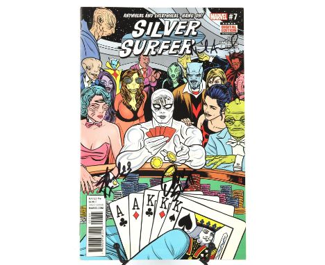 A Silver Surfer Marvel Comic Book, signed on the cover by Stan Lee and two others. Silver Surfer No. 7 (2016), written by Dan