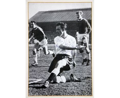 Signed by Jimmy Greaves Soccer: Tottenham Hotspur F.C., a black and white action photographic Print depicting Jimmy Greaves,&