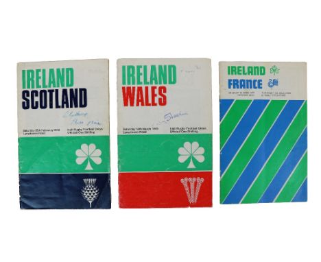 Signed by the Irish Rugby Team &amp; Away Team Members  Rugby: I.R.F.U., 1970's a group of three Official Match Programmes fo