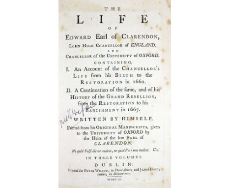 Bindings:&nbsp;Clarendon.&nbsp;The Life of Edward, Earl of Clarendon, 3 vols. 8vo Dublin (For Peter Wilson) 1759-60; also&nbs