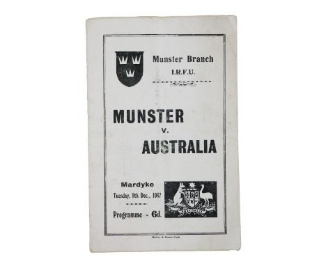 Rugby: Munster Branch (I.R.F.U.) Official match Programme&nbsp;Munster v. Australia, Mardyke (Cork) 9.12.1947, 8vo, Cork (Hic