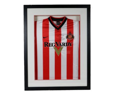Signed by Roy Keane : Soccer: Sunderland F.C., an original replica Jersey, red and white stripes, with "Reg Vardy" sponsorshi