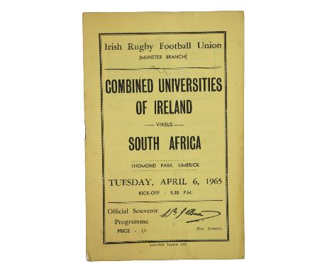 Rugby: I.R.F.U.- Munster Branch [1965]&nbsp;Official Souvenir Programme, Combined Universities of Ireland v. South Africa, Th
