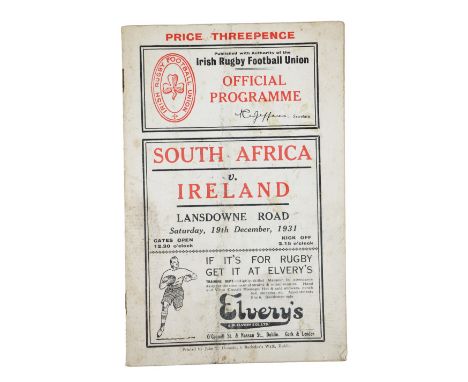 Rugby: [I.R.F.U.] 1931, Official Programme, South Africa v. Ireland, 19.12.1931, at Lansdowne Road, 8vo, D. 1931, illus. &amp