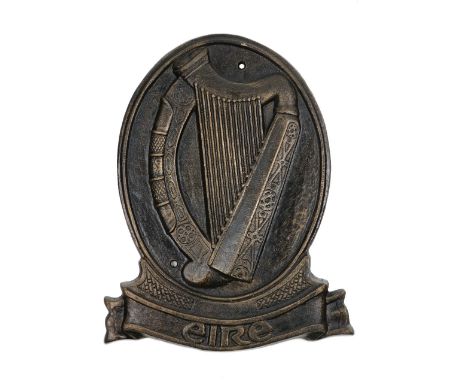 A large cast bronze Model of the Irish Coat of Arms, with central harp above 'Eire' on a shield surround, approx. 56cms x 40c