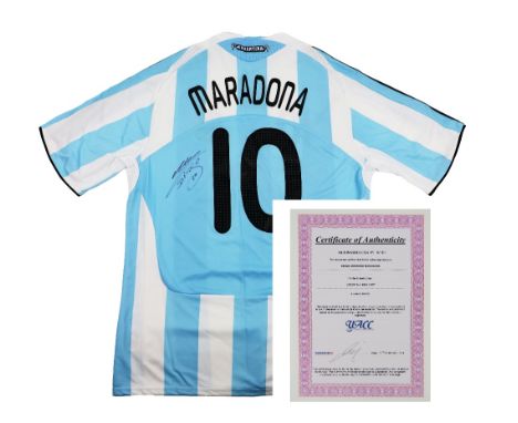 Signed by Diego Maradona Soccer: Argentina F.A., an Official Team Jersey, issued by Adidas, size XL, with No. 10 Maradona on 
