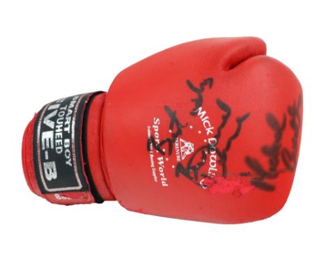 Signed by Carruth &amp; Dunne Boxing: An 8 ounces Sunset Boy Touched Five B Glove, coloured red, inscribed "Best Wishes, Bern