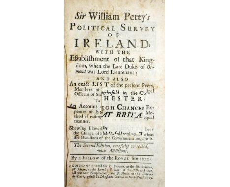 Petty (Sir Wm.)&nbsp;Political Survey of Ireland, 8vo Lond. 1719.&nbsp;Second Edn., sm. piece cut from center of title, &amp;