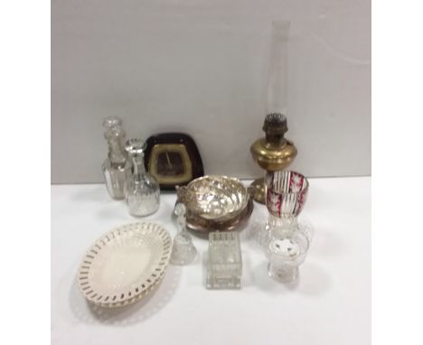 Misc Lot of Vict Oil Lamp, Decanter, Vases, Etc