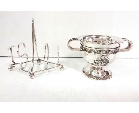 Irish Solid Silver Twin Handled Trophy Miniature Celtic Design, and Solid Silver Toast Rack