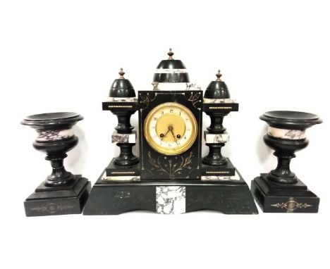 Art Nouveau Slate Mantle Clock with 2 Matching Garnatures
