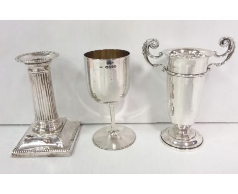 3 Pces of Solid Silver; Goblet, Candlestick & Trophy Vase