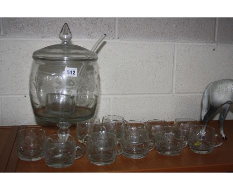 AN ETCHED GLASS PEDESTAL COVERED PUNCH BOWL, together with ladle and matching twelve cups (14)