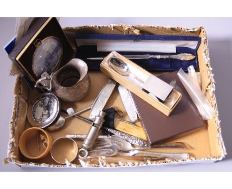 A MIXED BOX OF ITEMS, to include a white metal Portuguese jug, mother of pearl fruit knife, forks, spoons, silver pencil lead