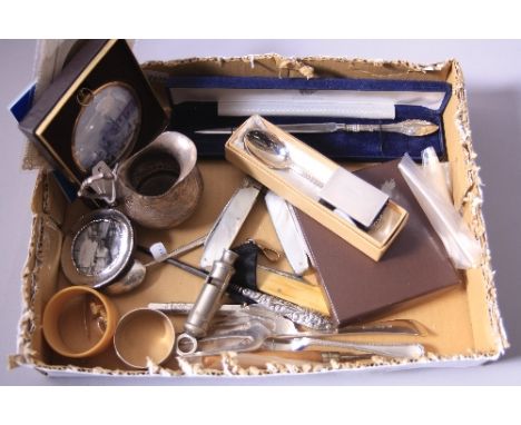 A MIXED BOX OF ITEMS, to include a white metal Portuguese jug, mother of pearl fruit knife, forks, spoons, silver pencil lead