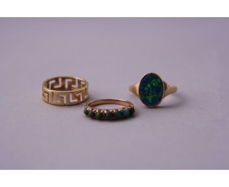 THREE RINGS, to include an opal triplet ring,  a turquoise ring and a Greek Key design ring, stamps 585, 9ct, hallmarks for 9