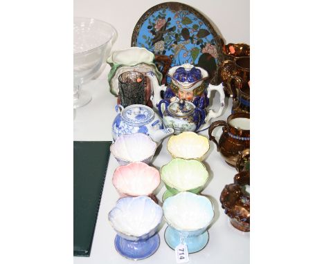 A SET OF SIX MALING LUSTRE SUNDAE DISHES, cloisonne charger, diameter approximately 30.5cm (a/f), glass vase (Whitefriars ?),