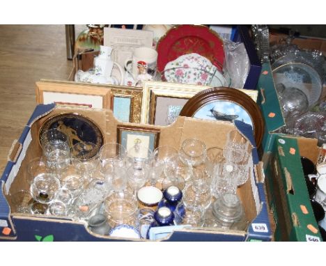 TWO BOXES AND LOOSE GLASSWARES, CERAMICS, PICTURES, etc, to include small silver rimmed vases, Aynsley, Worcester etc