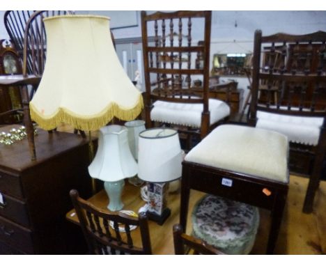 A PIANO STOOL, foot stool, standard lamp with shade and four table lamps with shades (7)