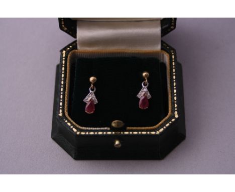 A PAIR OF GOLD RUBY AND DIAMOND EARRINGS, with tear-drop shape rubies and diamond accents, hallmarks for Birmingham