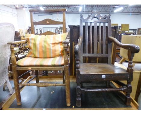 AN OAK SLAT BACK ARMCHAIR,  and a ladder back armchair (both for restoration)